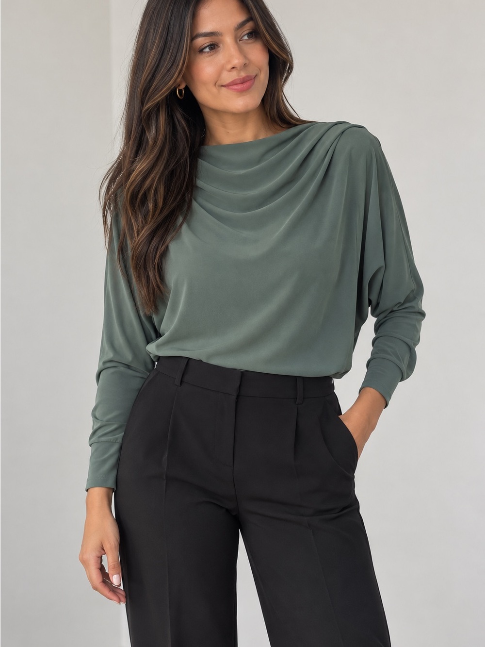 Ann Taylor Draped Long Sleeve Top in Sage Green